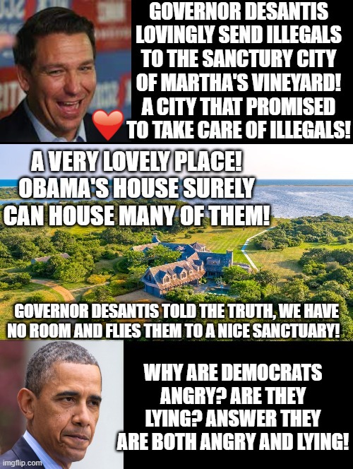 Governor Desantis lovingly flies illegals to a beautiful sanctuary city! Why are they angry? | GOVERNOR DESANTIS TOLD THE TRUTH, WE HAVE NO ROOM AND FLIES THEM TO A NICE SANCTUARY! WHY ARE DEMOCRATS ANGRY? ARE THEY LYING? ANSWER THEY ARE BOTH ANGRY AND LYING! | image tagged in true love,love wins,love is love,love is in the air,obama smug face | made w/ Imgflip meme maker