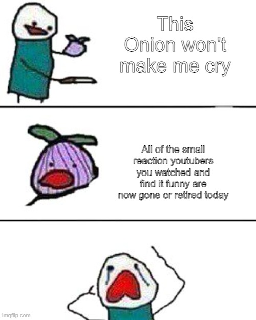 this onion won't make me cry |  This Onion won't make me cry; All of the small reaction youtubers you watched and find it funny are now gone or retired today | image tagged in this onion won't make me cry | made w/ Imgflip meme maker