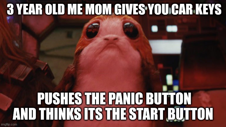Porg | 3 YEAR OLD ME MOM GIVES YOU CAR KEYS; PUSHES THE PANIC BUTTON AND THINKS ITS THE START BUTTON | image tagged in porg | made w/ Imgflip meme maker