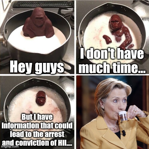 chocolate gorilla | Hey guys; I don't have much time... But I have information that could lead to the arrest and conviction of Hil.... | image tagged in chocolate gorilla,hillary clinton,corruption,clinton corruption | made w/ Imgflip meme maker