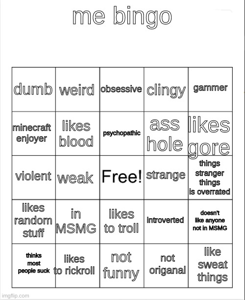 Blank Bingo | me bingo; obsessive; weird; gammer; dumb; clingy; psychopathic; minecraft enjoyer; likes gore; ass hole; likes blood; strange; violent; things stranger things is overrated; weak; likes random stuff; in MSMG; doesn't like anyone not in MSMG; introverted; likes to troll; likes to rickroll; like sweat things; thinks most people suck; not funny; not origanal | image tagged in blank bingo | made w/ Imgflip meme maker