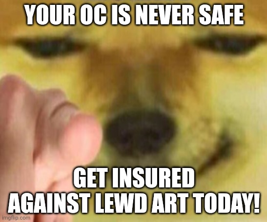 God I hope mine is safe | YOUR OC IS NEVER SAFE; GET INSURED AGAINST LEWD ART TODAY! | image tagged in pointing doge | made w/ Imgflip meme maker