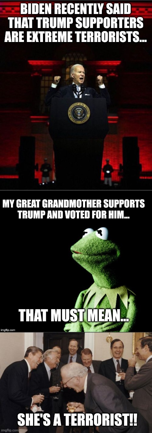 I guess this makes sense... | BIDEN RECENTLY SAID THAT TRUMP SUPPORTERS ARE EXTREME TERRORISTS... MY GREAT GRANDMOTHER SUPPORTS TRUMP AND VOTED FOR HIM... THAT MUST MEAN... SHE'S A TERRORIST!! | image tagged in biden speech,contemplative kermit,memes,terrorists,trump | made w/ Imgflip meme maker