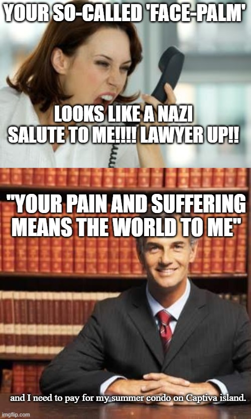 YOUR SO-CALLED 'FACE-PALM' LOOKS LIKE A NAZI SALUTE TO ME!!!! LAWYER UP!! "YOUR PAIN AND SUFFERING MEANS THE WORLD TO ME" and I need to pay  | image tagged in angry woman,lawyer | made w/ Imgflip meme maker