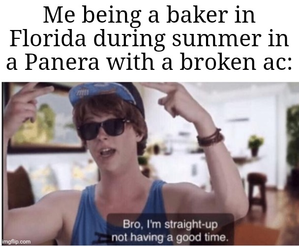 At least I get paid |  Me being a baker in Florida during summer in a Panera with a broken ac: | image tagged in i am straight up not having a good time,florida,hot,i hate it when | made w/ Imgflip meme maker