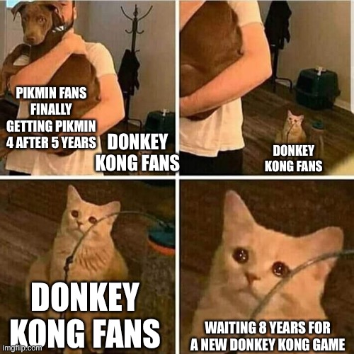 Sad Cat Holding Dog | PIKMIN FANS FINALLY GETTING PIKMIN 4 AFTER 5 YEARS; DONKEY KONG FANS; DONKEY KONG FANS; DONKEY KONG FANS; WAITING 8 YEARS FOR A NEW DONKEY KONG GAME | image tagged in sad cat holding dog | made w/ Imgflip meme maker