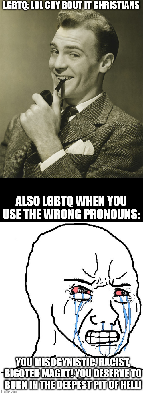 All I said was Hi man | LGBTQ: LOL CRY BOUT IT CHRISTIANS; ALSO LGBTQ WHEN YOU USE THE WRONG PRONOUNS:; YOU MISOGYNISTIC, RACIST, BIGOTED MAGAT! YOU DESERVE TO BURN IN THE DEEPEST PIT OF HELL! | image tagged in smug,crying npc | made w/ Imgflip meme maker