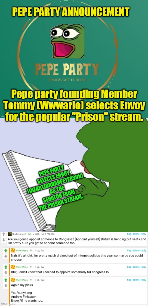How many followers does the IGs whiteliesmatter stream have? 2 followers? | PEPE PARTY ANNOUNCEMENT; Pepe party founding Member Tommy (Wwwario) selects Envoy for the popular "Prison" stream. PEPE PARTY SELECTS ENVOY (IHEARTJORDANPETERSON) AS THE SENATOR FROM THE PRISON STREAM. | image tagged in pepe party logo,blank pepe reasons to live,pepe the frog,number one in the hood g | made w/ Imgflip meme maker