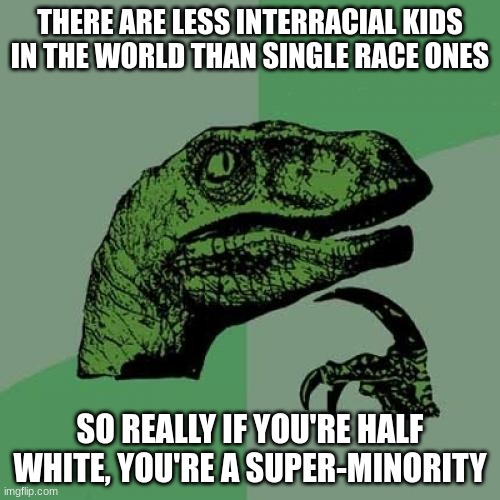 As a half-white person, I've thought about this way too much | THERE ARE LESS INTERRACIAL KIDS IN THE WORLD THAN SINGLE RACE ONES; SO REALLY IF YOU'RE HALF WHITE, YOU'RE A SUPER-MINORITY | image tagged in memes,philosoraptor | made w/ Imgflip meme maker