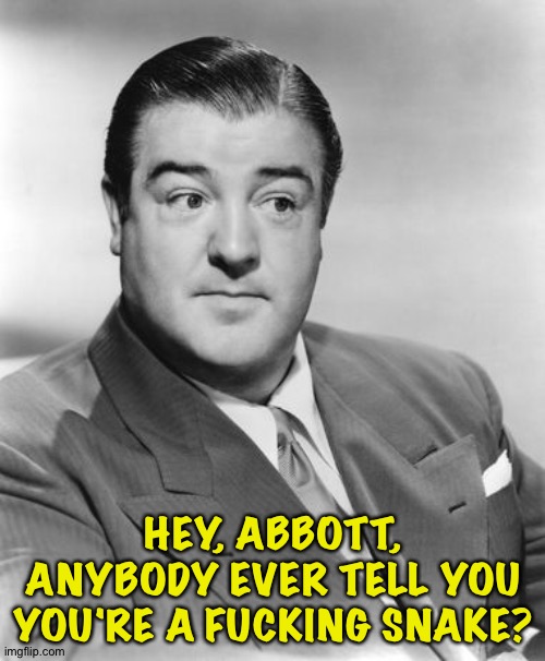 Lou Costello  | HEY, ABBOTT, ANYBODY EVER TELL YOU YOU'RE A FUCKING SNAKE? | image tagged in lou costello | made w/ Imgflip meme maker