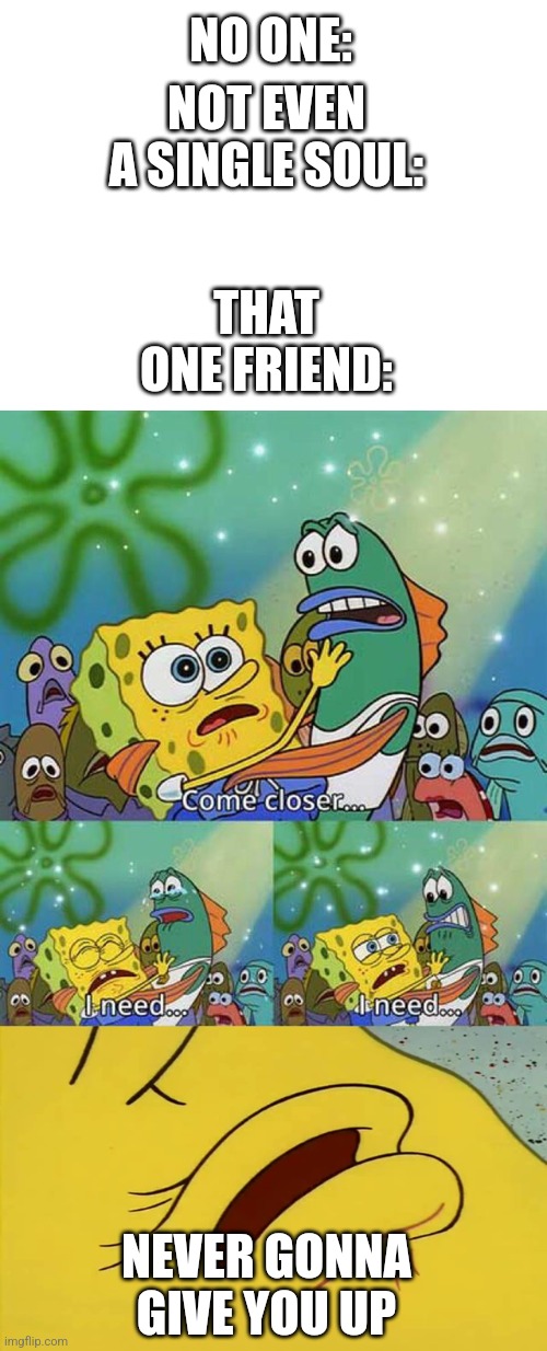 Everyone have this one anoyinng friend | NO ONE:; NOT EVEN A SINGLE SOUL:; THAT ONE FRIEND:; NEVER GONNA GIVE YOU UP | image tagged in blank white template,spongbob come closer meme | made w/ Imgflip meme maker