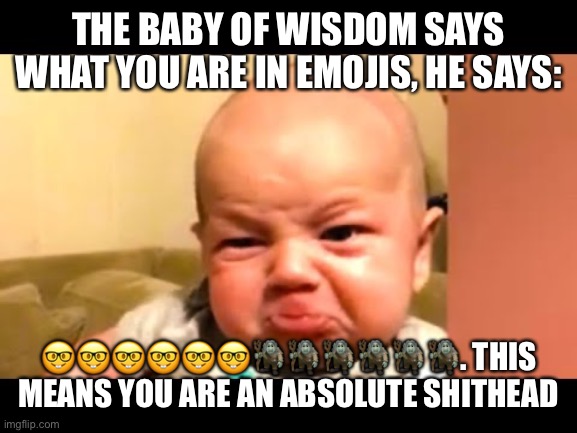 Baby of Wisdom | THE BABY OF WISDOM SAYS WHAT YOU ARE IN EMOJIS, HE SAYS:; 🤓🤓🤓🤓🤓🤓🧌🧌🧌🧌🧌🧌. THIS MEANS YOU ARE AN ABSOLUTE SHITHEAD | image tagged in baby of wisdom,shithole,nerd | made w/ Imgflip meme maker