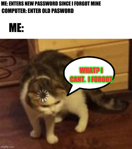 passwords why | ME: ENTERS NEW PASSWORD SINCE I FORGOT MINE; COMPUTER: ENTER OLD PASWORD; ME:; WHAT? I CANT.  I FORGOT | image tagged in loading cat | made w/ Imgflip meme maker