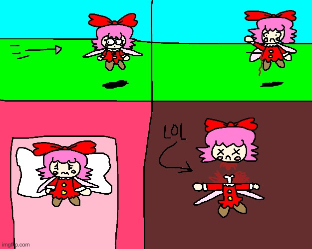Ribbon got shot from a spear and gets decapitated | image tagged in kirby,comics/cartoons,funny,cute,blood,gore | made w/ Imgflip meme maker