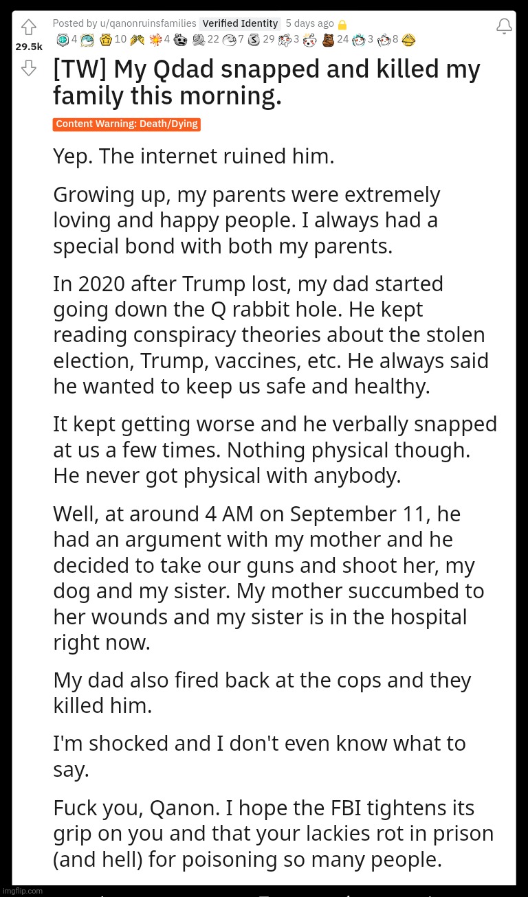 Rebecca Lanis Redit post on her psycho QAnon father Igor Lanis shooting and murdering members of their family because Trump lost | image tagged in rebecca lanis,igor lanis,qanon murderer,cult 45 kills,qanon,trump | made w/ Imgflip meme maker