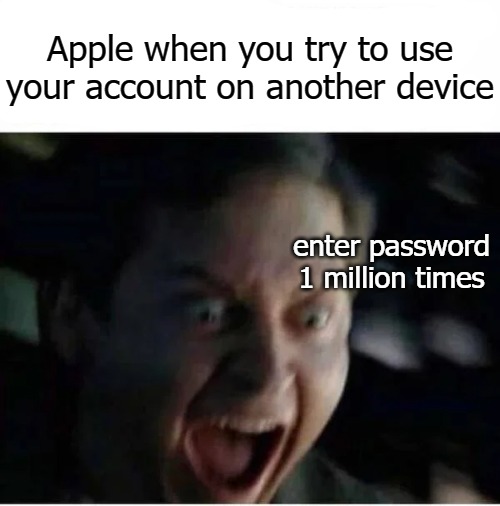 Apple when you try to use your account on another device; enter password 1 million times | image tagged in image tag | made w/ Imgflip meme maker
