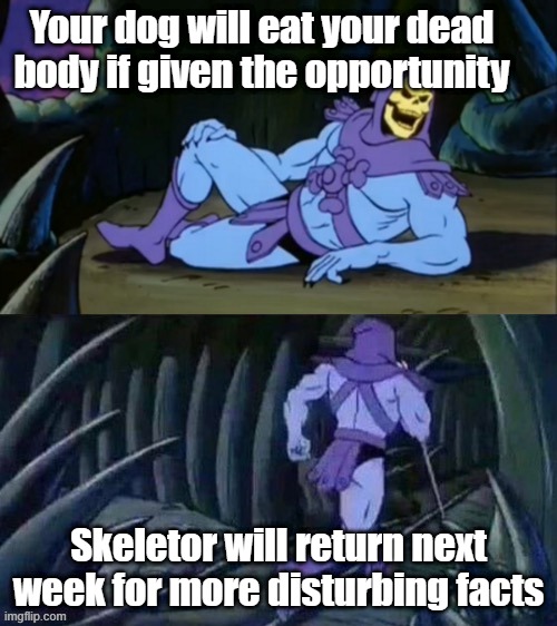 OOOOOf | Your dog will eat your dead body if given the opportunity; Skeletor will return next week for more disturbing facts | image tagged in skeletor disturbing facts | made w/ Imgflip meme maker