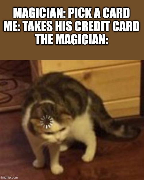 Yes I know it was in iceus meme it's just too good | MAGICIAN: PICK A CARD
ME: TAKES HIS CREDIT CARD
THE MAGICIAN: | image tagged in loading cat | made w/ Imgflip meme maker