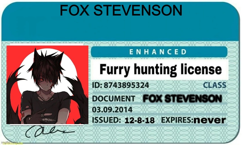 Fox Stevenson | FOX STEVENSON; FOX STEVENSON | image tagged in furry hunting license | made w/ Imgflip meme maker