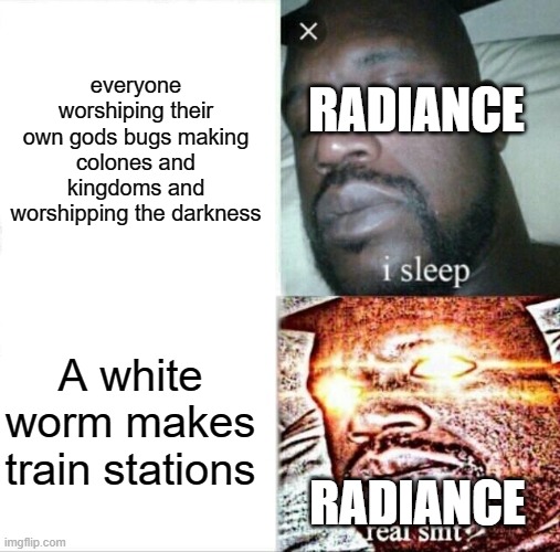 Good reason to get mad | everyone worshiping their own gods bugs making colones and kingdoms and worshipping the darkness; RADIANCE; A white worm makes train stations; RADIANCE | image tagged in memes,sleeping shaq,hollow knight | made w/ Imgflip meme maker