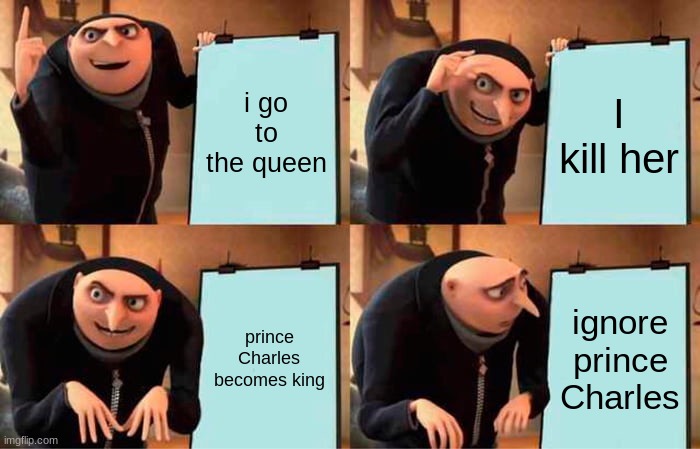 Gru's Plan Meme | I go to the queen; I kill her; prince Charles becomes king; ignore prince Charles | image tagged in memes,gru's plan | made w/ Imgflip meme maker