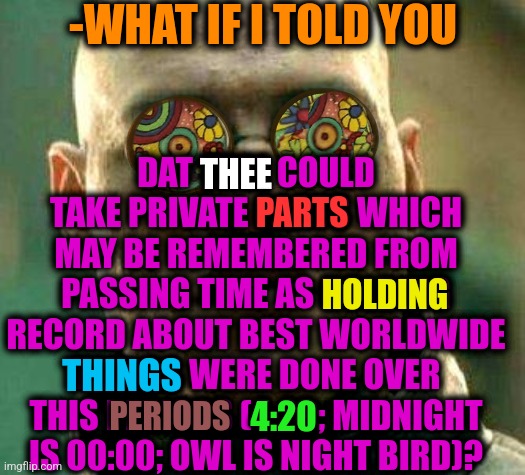 -Rapid wisdom. | -WHAT IF I TOLD YOU; DAT THEE COULD TAKE PRIVATE PARTS WHICH MAY BE REMEMBERED FROM PASSING TIME AS HOLDING RECORD ABOUT BEST WORLDWIDE THINGS WERE DONE OVER THIS PERIODS (4:20; MIDNIGHT IS 00:00; OWL IS NIGHT BIRD)? THEE; PARTS; HOLDING; THINGS; 4:20; PERIODS | image tagged in acid kicks in morpheus,words of wisdom week,so true,time travel,running away balloon,world record | made w/ Imgflip meme maker