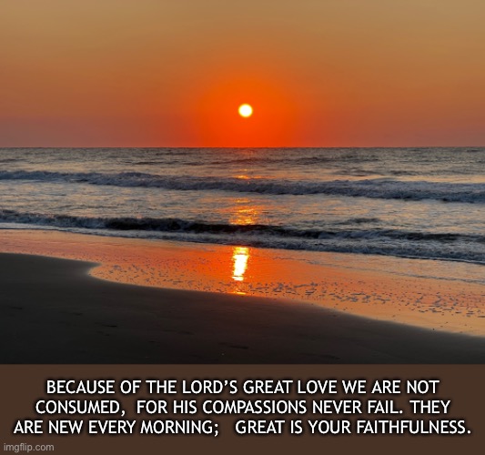 God is Faithful | BECAUSE OF THE LORD’S GREAT LOVE WE ARE NOT CONSUMED,  FOR HIS COMPASSIONS NEVER FAIL. THEY ARE NEW EVERY MORNING;   GREAT IS YOUR FAITHFULNESS. | image tagged in god,morning,grace,faithfulness,forgiveness | made w/ Imgflip meme maker