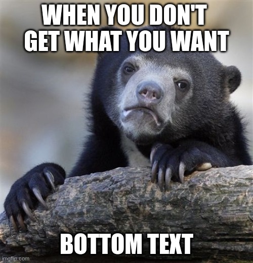 sad bear | WHEN YOU DON'T 
GET WHAT YOU WANT; BOTTOM TEXT | image tagged in memes,confession bear | made w/ Imgflip meme maker