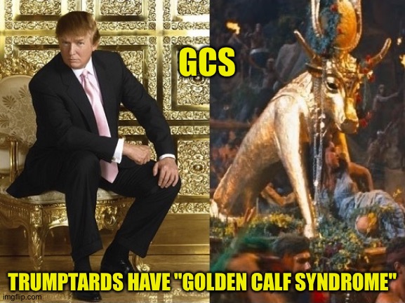 GCS | GCS; TRUMPTARDS HAVE "GOLDEN CALF SYNDROME" | image tagged in trump the new golden calf | made w/ Imgflip meme maker