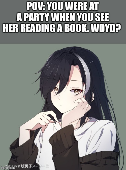 Friendship or romance RP, if romance males preffered but not required, no joke or bambi OCs, no ERP, and no killing her. | POV: YOU WERE AT A PARTY WHEN YOU SEE HER READING A BOOK. WDYD? | image tagged in roleplaying | made w/ Imgflip meme maker