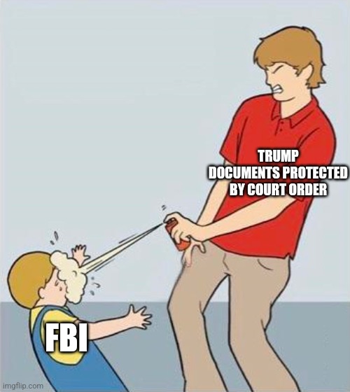Spray kid | TRUMP DOCUMENTS PROTECTED BY COURT ORDER; FBI | image tagged in spray kid,funny memes | made w/ Imgflip meme maker