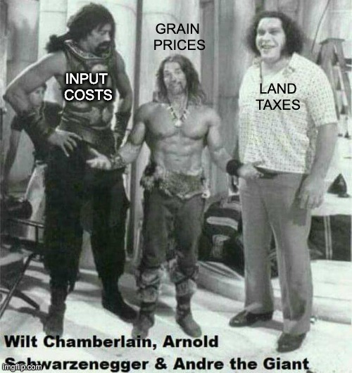 Farm costs | GRAIN 
PRICES; INPUT 
COSTS; LAND
TAXES | image tagged in wilt arnold andre | made w/ Imgflip meme maker