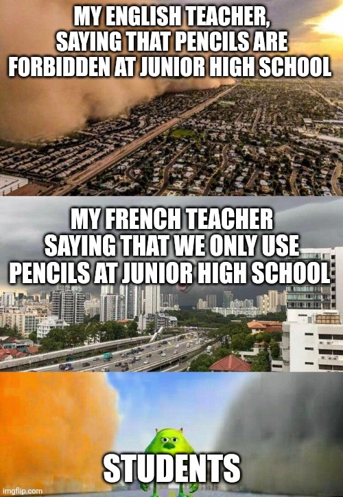 mike wazowski storm dog | MY ENGLISH TEACHER, SAYING THAT PENCILS ARE FORBIDDEN AT JUNIOR HIGH SCHOOL; MY FRENCH TEACHER SAYING THAT WE ONLY USE PENCILS AT JUNIOR HIGH SCHOOL; STUDENTS | image tagged in mike wazowski storm dog,school memes,unhelpful high school teacher,school,memes,funny memes | made w/ Imgflip meme maker