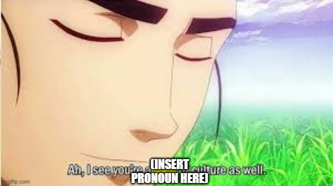 Ah,I see you are a man of culture as well | (INSERT PRONOUN HERE) | image tagged in ah i see you are a man of culture as well | made w/ Imgflip meme maker