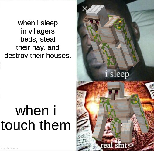 iron golems | when i sleep in villagers beds, steal their hay, and destroy their houses. when i touch them | image tagged in funny,minecraft,stranger things | made w/ Imgflip meme maker