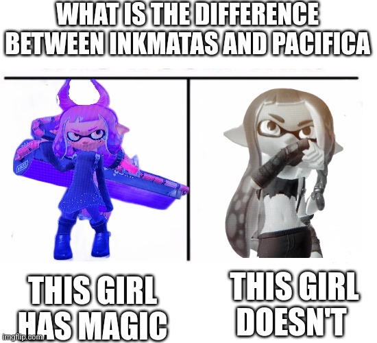 Pacifica is almost as strong as Inkmatas but since Pacifica doesn't have magic, it holds her back | WHAT IS THE DIFFERENCE BETWEEN INKMATAS AND PACIFICA; THIS GIRL HAS MAGIC; THIS GIRL DOESN'T | image tagged in comparison table | made w/ Imgflip meme maker