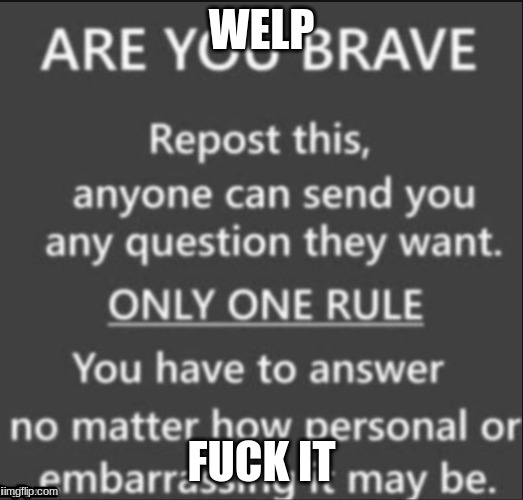 send those questions my way like a missle | WELP; FUCK IT | image tagged in are you brave | made w/ Imgflip meme maker