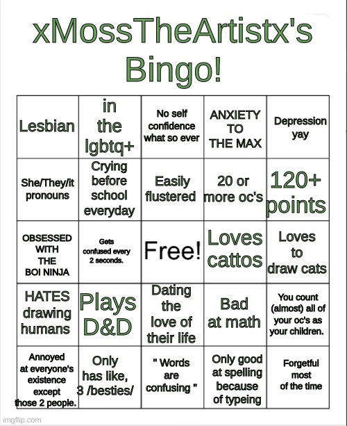 Everyone is makeing a bingo board- Sooooo- Have funnnnn | Bingo! xMossTheArtistx's; in the lgbtq+; No self confidence what so ever; Depression yay; Lesbian; ANXIETY TO THE MAX; Crying before school everyday; Easily flustered; 120+ points; She/They/it pronouns; 20 or more oc's; Loves cattos; OBSESSED WITH THE BOI NINJA; Loves to draw cats; Gets confused every 2 seconds. Dating the love of their life; HATES drawing humans; Plays D&D; Bad at math; You count (almost) all of your oc's as your children. Annoyed at everyone's existence except those 2 people. Only has like, 3 /besties/; Forgetful most of the time; " Words are confusing "; Only good at spelling because of typeing | image tagged in blank bingo | made w/ Imgflip meme maker