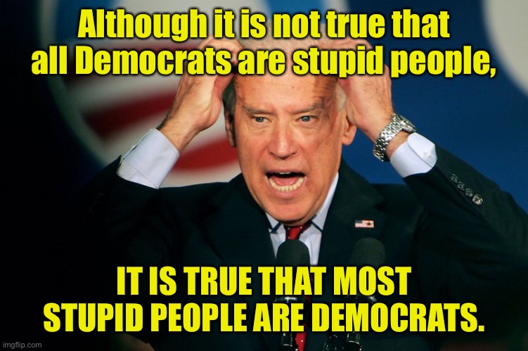 Joe Biden - Stupid people | Although it is not true that all Democrats are stupid people, IT IS TRUE THAT MOST STUPID PEOPLE ARE DEMOCRATS. | image tagged in joe biden,democrats,stupid people,politics,politicans | made w/ Imgflip meme maker