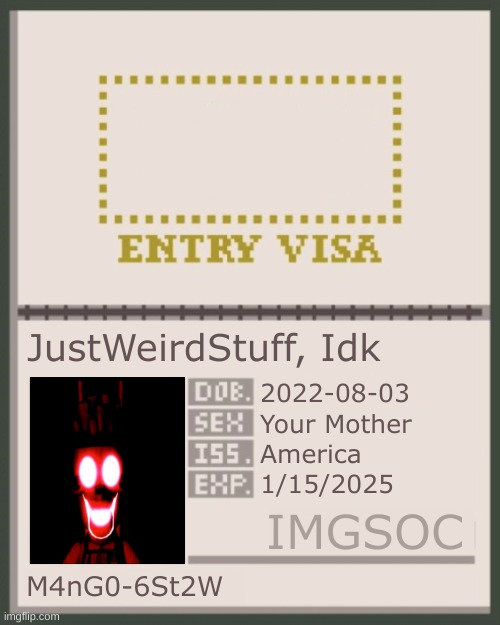 Goofy Ahh Passport | JustWeirdStuff, Idk; 2022-08-03; Your Mother; America; 1/15/2025; IMGSOC; M4nG0-6St2W | image tagged in imgsoc passport | made w/ Imgflip meme maker