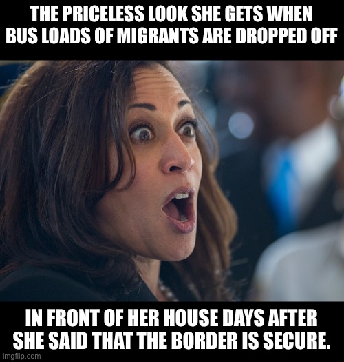 Kamala | THE PRICELESS LOOK SHE GETS WHEN BUS LOADS OF MIGRANTS ARE DROPPED OFF; IN FRONT OF HER HOUSE DAYS AFTER SHE SAID THAT THE BORDER IS SECURE. | image tagged in kamala harris | made w/ Imgflip meme maker