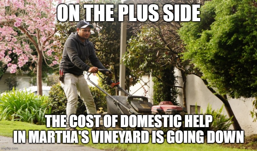 Mexican Gardener | ON THE PLUS SIDE; THE COST OF DOMESTIC HELP IN MARTHA'S VINEYARD IS GOING DOWN | image tagged in mexican gardener | made w/ Imgflip meme maker