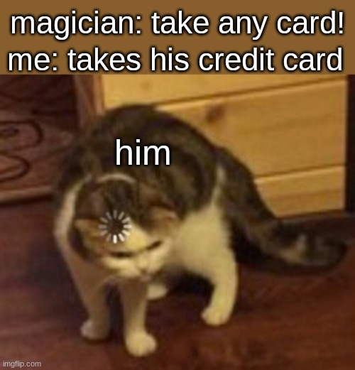 d |  me: takes his credit card; magician: take any card! him | image tagged in loading cat | made w/ Imgflip meme maker