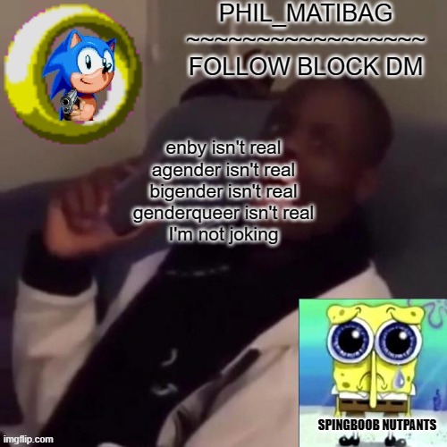 Phil_matibag announcement | enby isn't real
agender isn't real
bigender isn't real
genderqueer isn't real

I'm not joking | image tagged in phil_matibag announcement | made w/ Imgflip meme maker