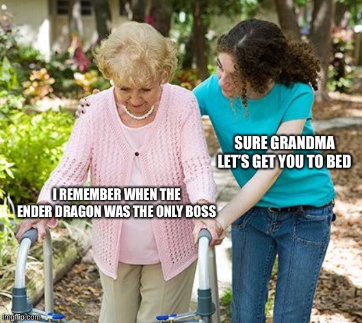 Sure grandma let's get you to bed | SURE GRANDMA LET’S GET YOU TO BED; I REMEMBER WHEN THE ENDER DRAGON WAS THE ONLY BOSS | image tagged in sure grandma let's get you to bed,minecraft,ender dragon | made w/ Imgflip meme maker