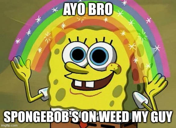 weed is legal where i live so this meme is fine | AYO BRO; SPONGEBOB'S ON WEED MY GUY | image tagged in memes,imagination spongebob | made w/ Imgflip meme maker