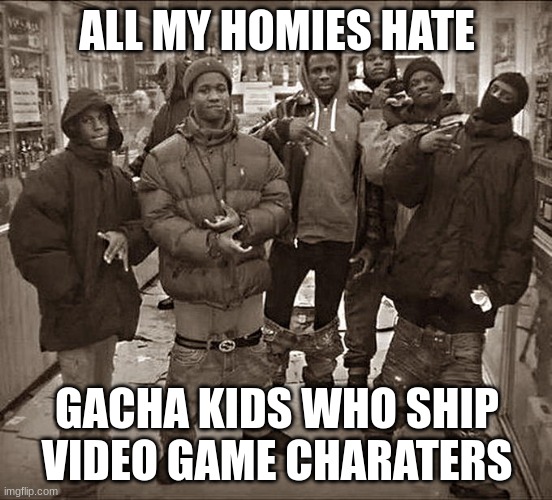 we all hate it | ALL MY HOMIES HATE; GACHA KIDS WHO SHIP VIDEO GAME CHARATERS | image tagged in all my homies hate | made w/ Imgflip meme maker