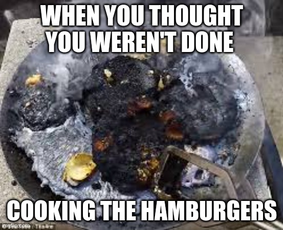 cooking failure | WHEN YOU THOUGHT YOU WEREN'T DONE; COOKING THE HAMBURGERS | image tagged in cooking | made w/ Imgflip meme maker