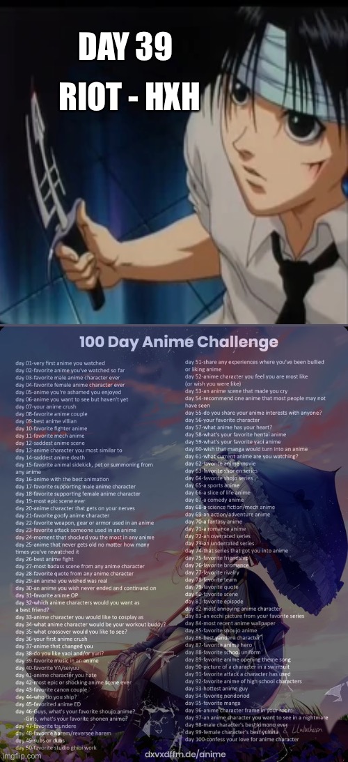 Perfect for Yorknew City Massacre | DAY 39; RIOT - HXH | image tagged in 100 day anime challenge,hunter x hunter | made w/ Imgflip meme maker