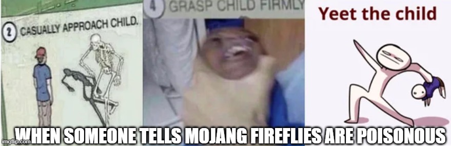 Casually Approach Child, Grasp Child Firmly, Yeet the Child | WHEN SOMEONE TELLS MOJANG FIREFLIES ARE POISONOUS | image tagged in casually approach child grasp child firmly yeet the child | made w/ Imgflip meme maker